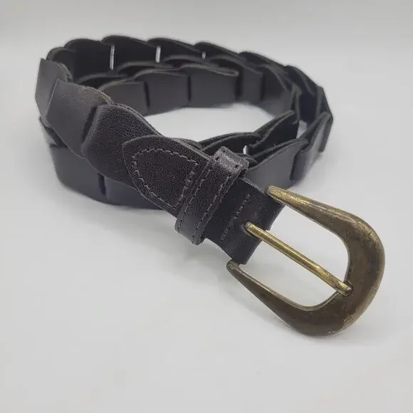 Brown Leather Belt Small Braided Linked Rustic Antique Boho Hippie Earthy Cutout