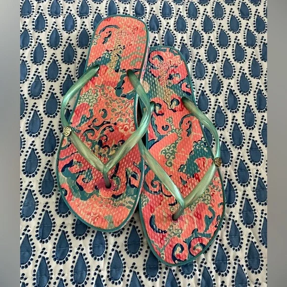 Lilly Pulitzer Turquoise‎ Tropical Vibe Flip Flips Size 7/8