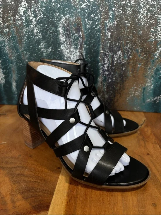 Naturalizer 2010s Boho Gladiator Cage Sandals Black Leather Stacked Heels 8M