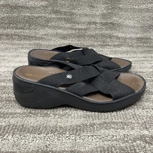 Bzees Womens Disco Strappy Comfort Sandals Black Slip On Open Toe 7M Shoes