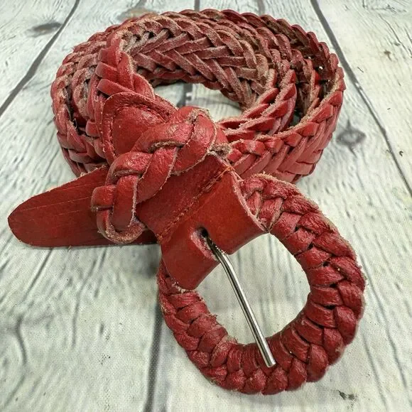 Vintage Red Woven Leather Belt Women Size Large Braided Boho Adjustable 43