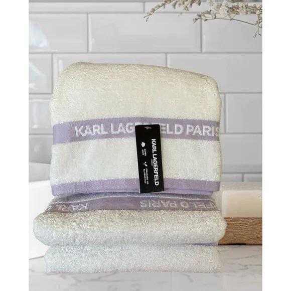 Karl Lagerfeld Paris 3 Piece Bath Towel White Lavender Purple Cotton 52