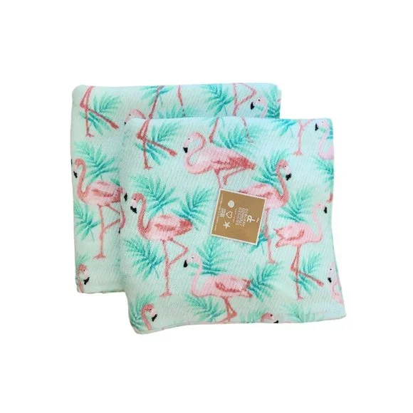 Deborah Connolly Set of 2 Flamingo Palm Bath Towels Coral Mint NWT