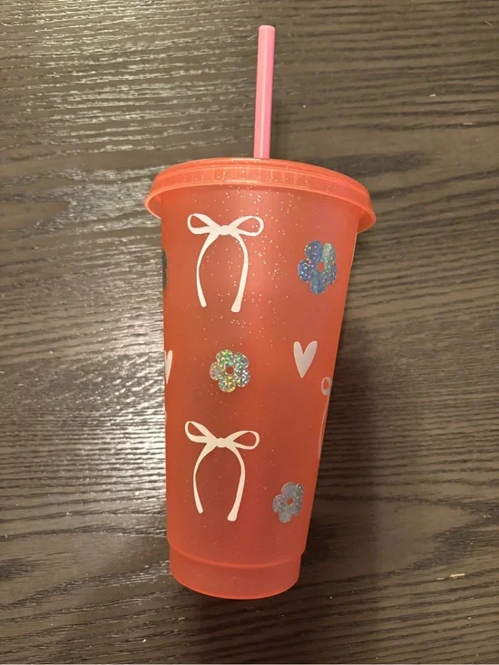 Pink Glitter Floral & Bow Reusable Tumbler with Straw