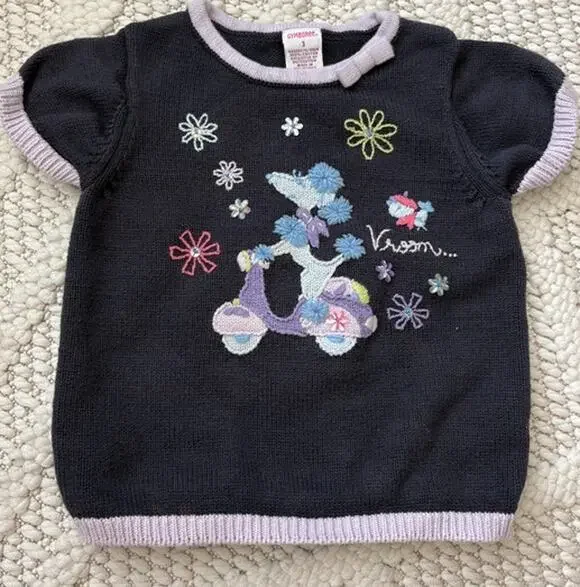 Vintage Toddler Girls Gymboree Embroidered Poodle Short Sleeve Sweater Size 3