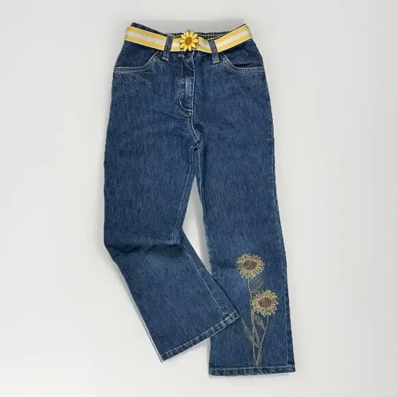 Gymboree Y2K Girls 7 Flare Jeans Belted Sunflower Embroidered Retro Denim