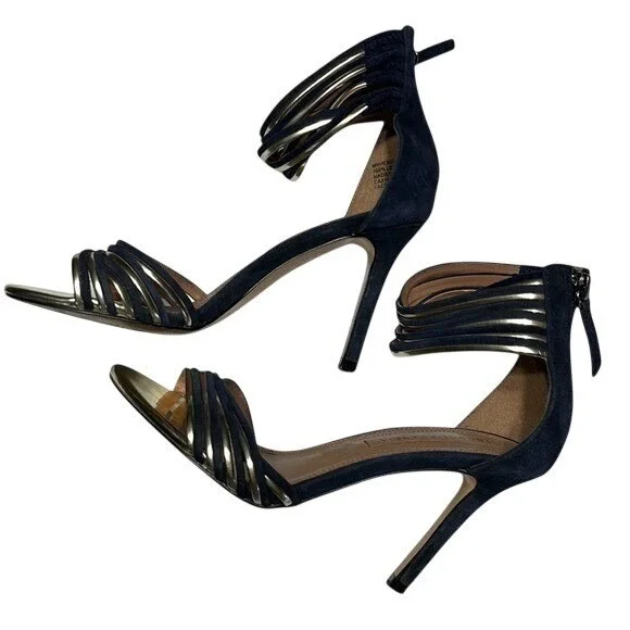 BCBGMAXAZRIA Sandals Women Size 5 Navy Gold Strappy Caged Stiletto Leather Suede
