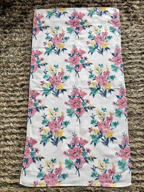 Floral Print Bath Towel in Pink, Teal & Yellow - Soft White Background