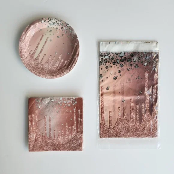 Pink Rose Gold Birthday Party Supplies - 10 Plates, 18 Napkins, and table‎ cloth