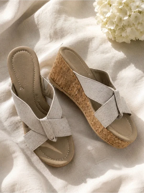 Donald J Pliner Shima Beige Grey Shimmer Cork Wedge Slide Sandals Size 8.5