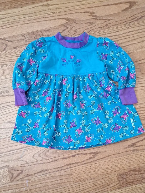 Vintage Gymboree Rainbow Tag Turquoise & Purple Floral Long Sleeve Dress S