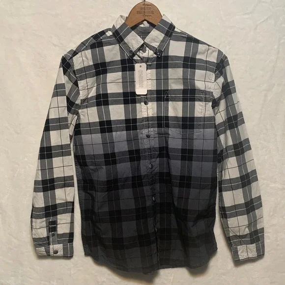 NWT Gymboree Boys XL 14 Plaid Button Down Shirt Long Sleeve Ombre Black‎ White