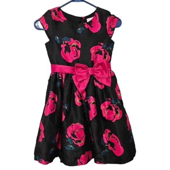 Gymboree Black Pink Floral Party Dress Size‎ 7 Satin Bow Holiday Easter