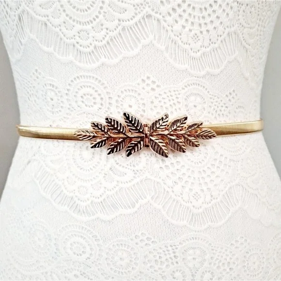 Gold metal snake stretch skinny waist belt leaf buckle Formal wedding event