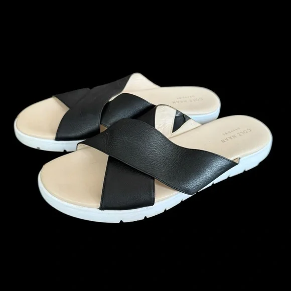 Cole Haan Women's Grand.OS Criss Cross Black Leather Slide Sandals 8.5