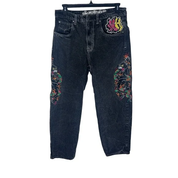 Ambush Mens 32 Baggy Jeans Acid Wash Black Embroidered Panther Snake Y2K Street