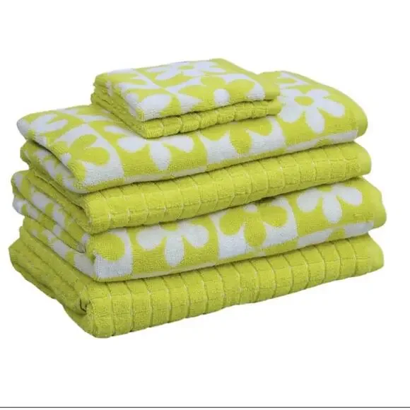 Kapoor Home 6-Piece Bath Towel Set Yellow & White Daisy & Solid Cotton Quick Dry