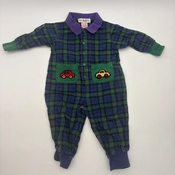 Vintage Gymboree Plaid Car Applique Romper Green Navy‎ Blue Infant 100% Cotton