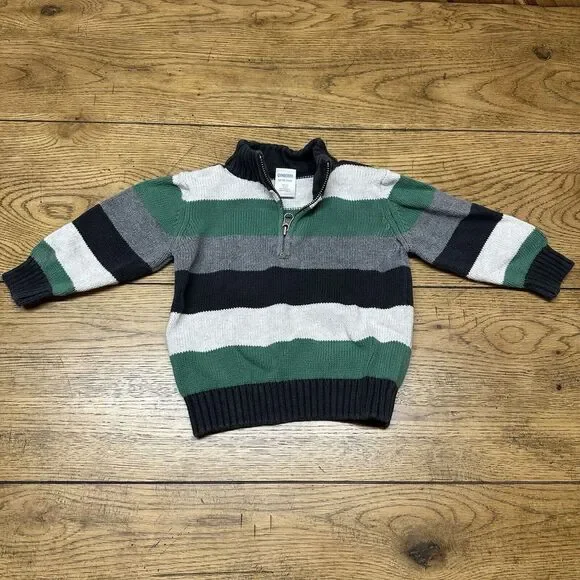 Vtg Gymboree Quarter Zip Mock Neck Cotton Green Striped Sweater‎ Boys 12-18 Mos