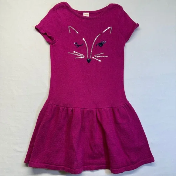 Gymboree Girls Pink Cat Face Sweater Dress Size 8 Sequin Kitty Knit Twirl