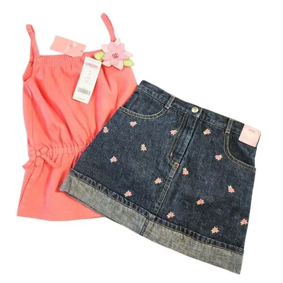 NWT Gymboree Island Fun Top And Denim Skirt Set Girls Size 6 Coral Floral Y2K