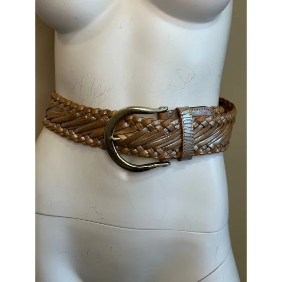 Linea Pelle Tan Silver Gold Metallic Braided Leather Belt sz M 41