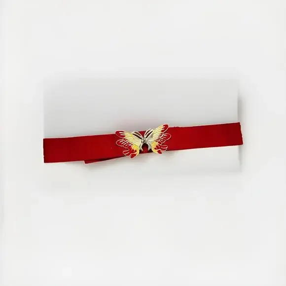 Vintage 80s Gold Tone Butterfly Buckle Red Elastic Stretch Belt