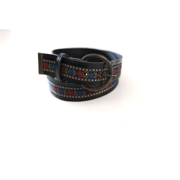 Vintage Women's Black Floral Folk Leather Round Buckle Belt Boho Western