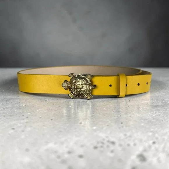 Another Line Womens Yellow Leather Belt Medium Gold Turtle Buckle Boho