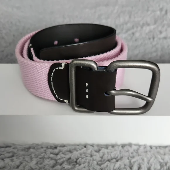 Women’s‎ Pink Canvas Belt Brown Leather Trim Size Small Casual Y2K Preppy