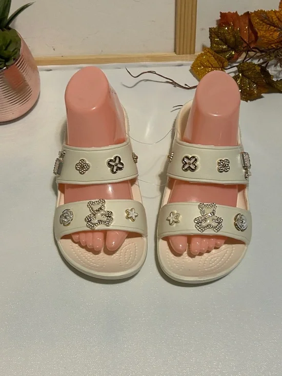 Women’s Cream Slide Sandals with Decorative Charms