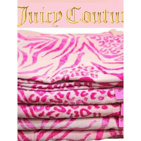 Juicy Couture Home Pink Leopord Zebra Animal Print Plush Bath & Hand Towel Set