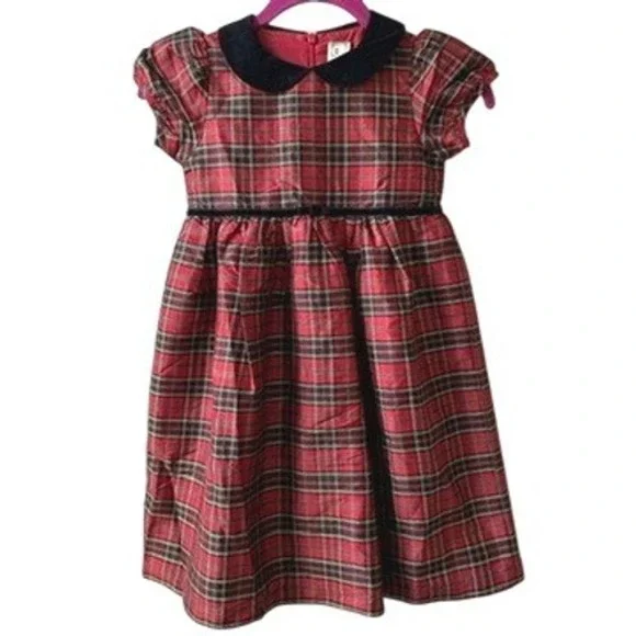 Vintage Gymboree Holiday Dress Velvet Collar Silk Blend Red Plaid‎ 2001 5T