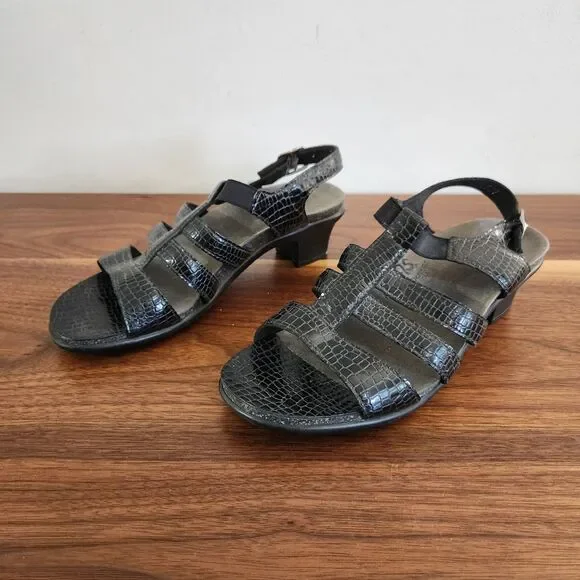 SAS Allegro Black Leather Heeled Sandal Croc Animal Alligator Print Strappy 7.5