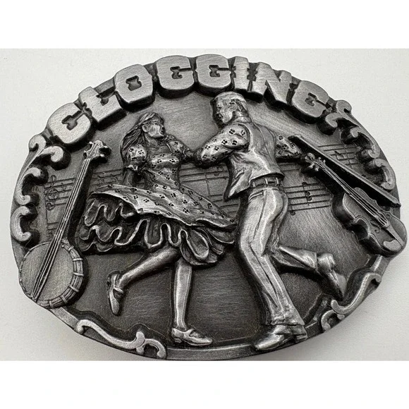 1987 Siskiyou Buckle Co Clogging Pewter Belt Buckle USA Dance Music Banjo Fiddle