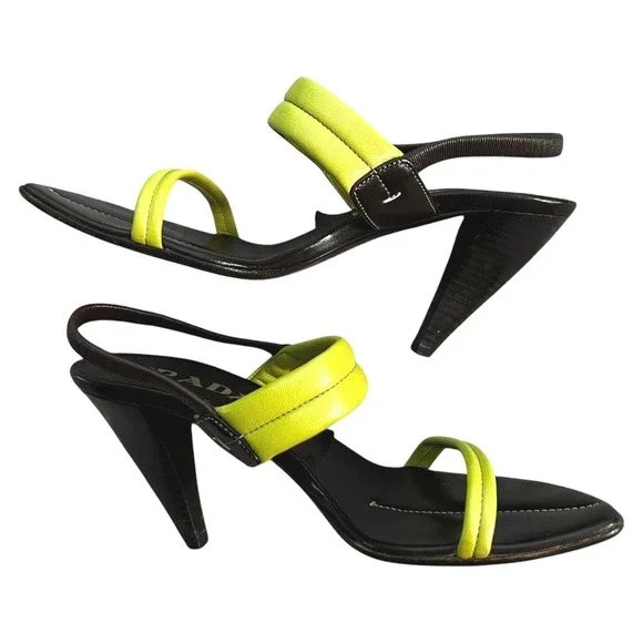 Prada Calzature Donna Padded Slingback Heel Sandal Brown Lime Green Size 37