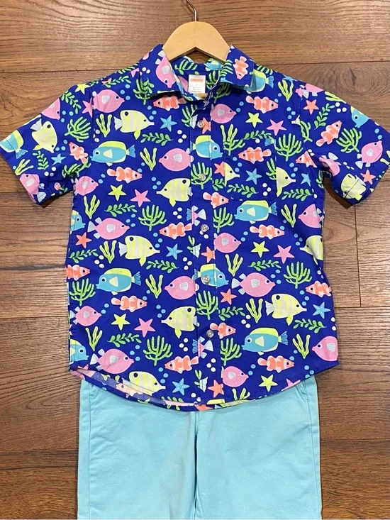 Gymboree Boys ‘Splish Splash’ Short Sleeve Blue Fish Print Shirt Size 7