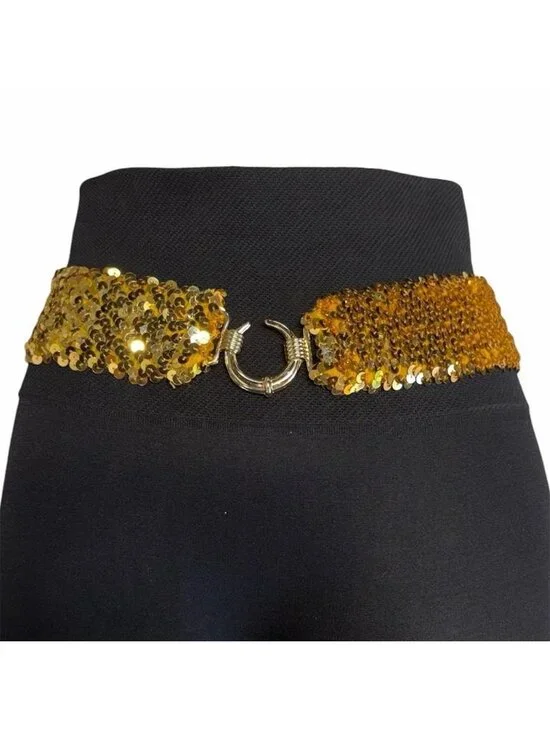 Vintage 80's Gold Sequin Statement Belt Women Medium Elastic Disco Glam Festival