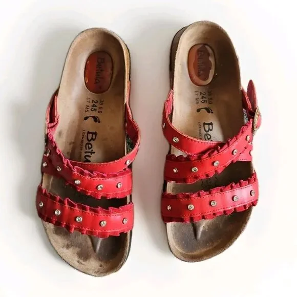 Birkenstock Betula Krystle Magenta Red Ruffle Rhinestone Studs Sandals Sz 7 38
