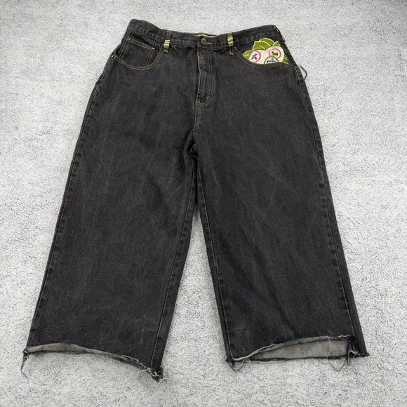Stone Touch Jeans Mens 34 Black Denim Geisha Kimono Japanese Style Cut Off READ