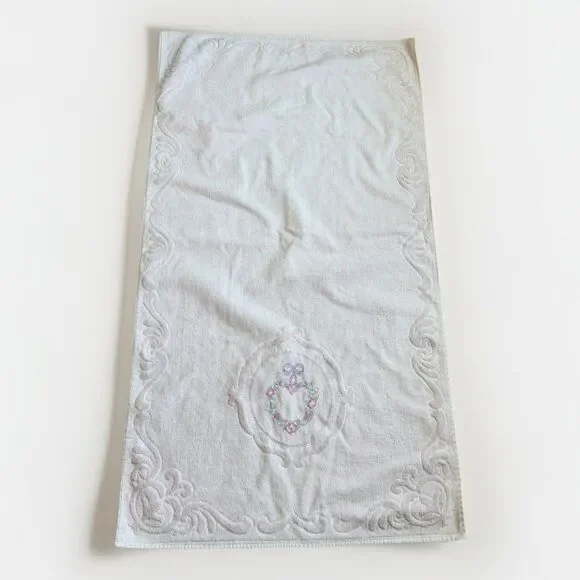 Vintage Embroidered Towel Full Size Pink Flowers Floral Cottage Core