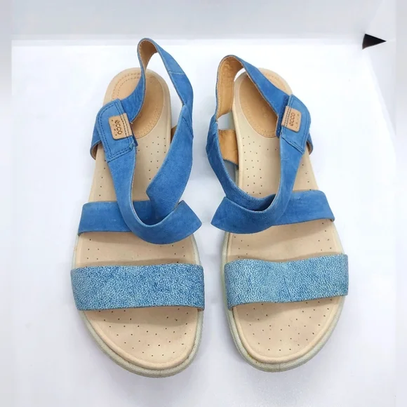 ECCO Damara Blue Criss-Cross Suede Leather Strappy Flat Sandals Shoes Women's 9