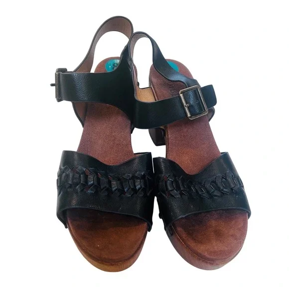 White Mountain Black Woven Platform Sandals‎ Wood Block Heel Clog Womens 8
