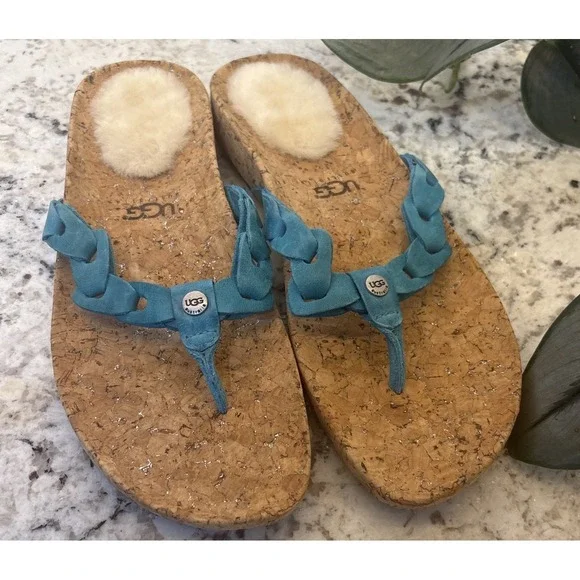 Authentic UGG‎ Australia Cork Bottom Flip Flops Woman's 7 Teal Blue Thong Summer