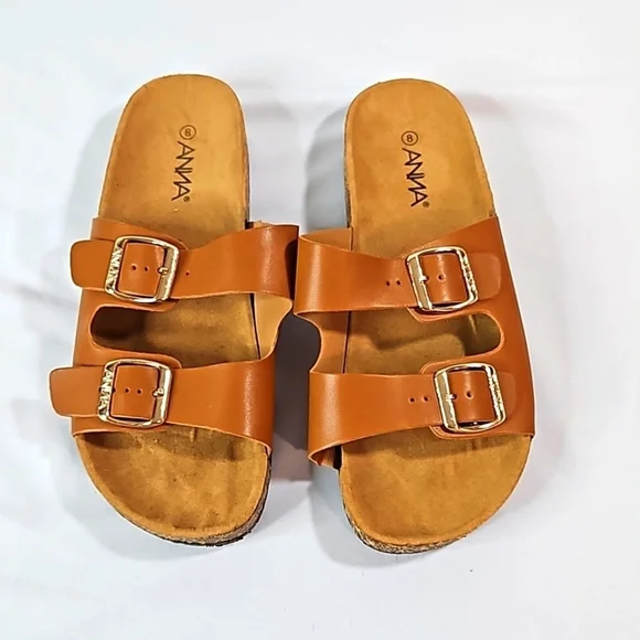 Anna Glory Brown Double Buckle Slide Women's Sandals Size 8