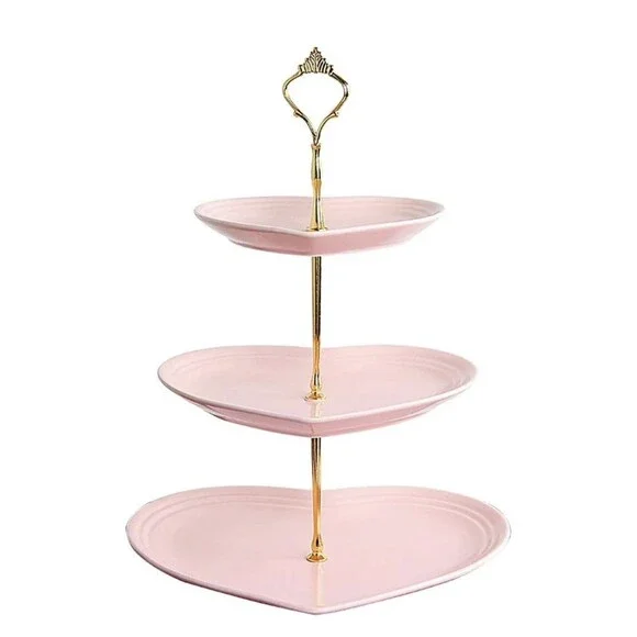 3 Tier Ceramic Heart Stand Wedding, Dessert Cupcake Stand for Tea Party Pink