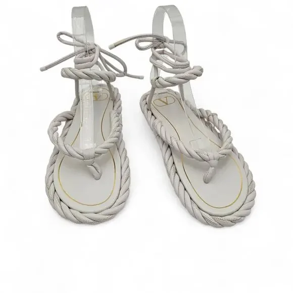 Valentino Garavani White Braided Leather Gladiator Flat Tie Sandal Size 36 US 6