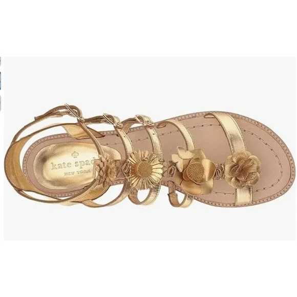 Kate Spade‎ New York Sadia Gold Metallic Floral Gladiator Sandals Women's 5M NEW