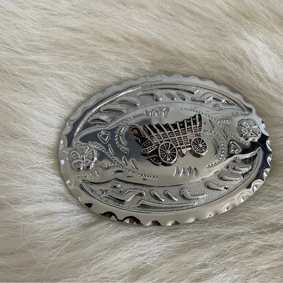 Vintage Silver Tone Western Belt Buckle with Wagon Decal