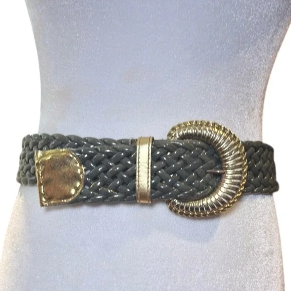 Olive Green Glossy Braided Belt Gold Buckle Wide‎ Stretch Resort Chic Boho 38IN